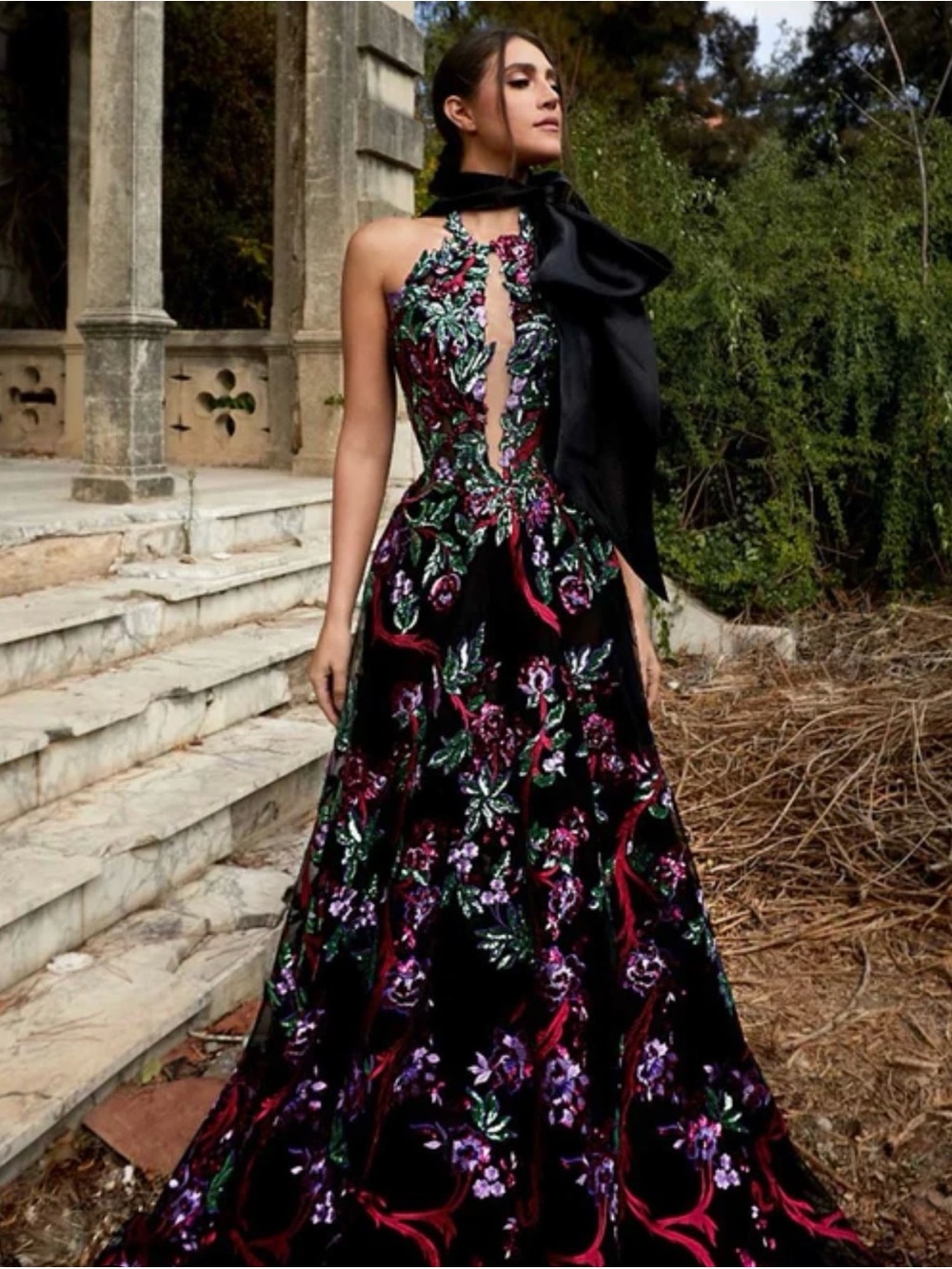 MNM Couture Black Halter Gown with Pink and Green Floral Embroidery